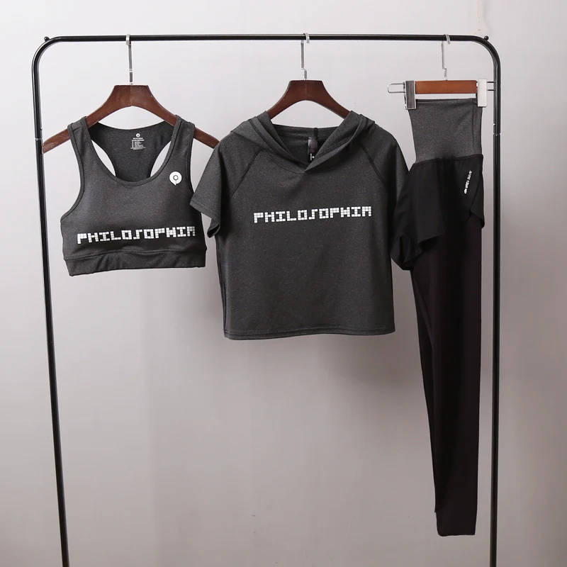 

Women yoga sets quick dry fitness sportswear hooded t shirt+bra+pants 4 piece set womens outdoor sports running gym clothes