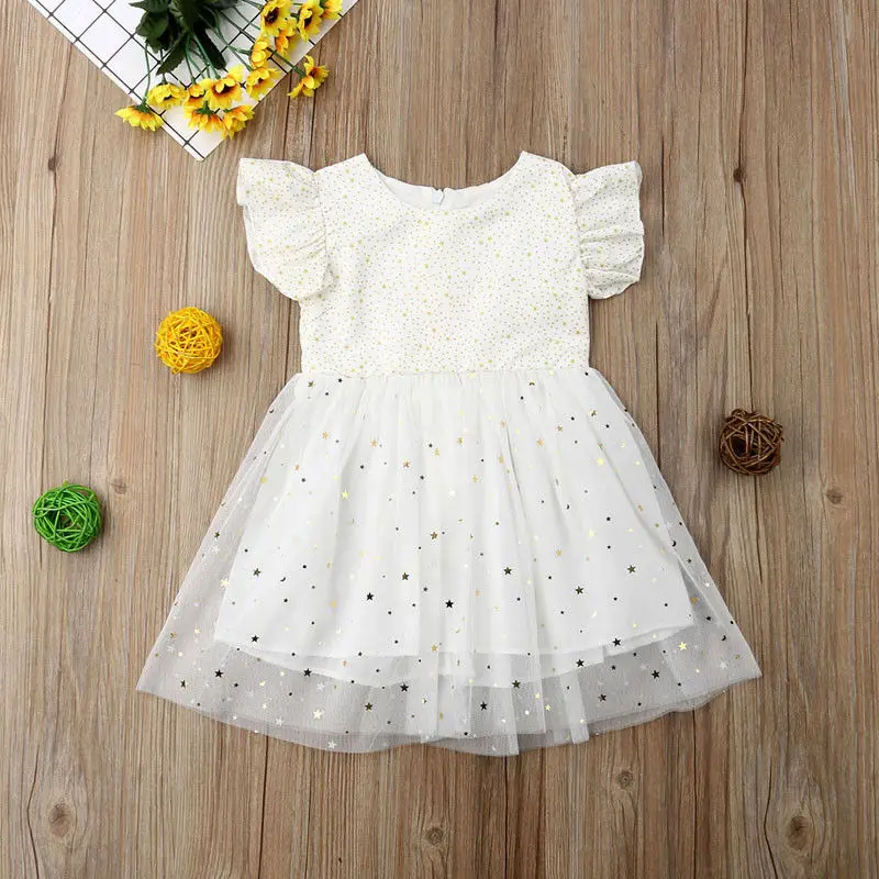 Милое хлопковое платье для новорожденных девочек повседневное белое с блестками
