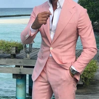 summer pink linen men suits set wedding tuxedo for groom wear 2 piece suit man costume homme slim fit terno masculino prom party