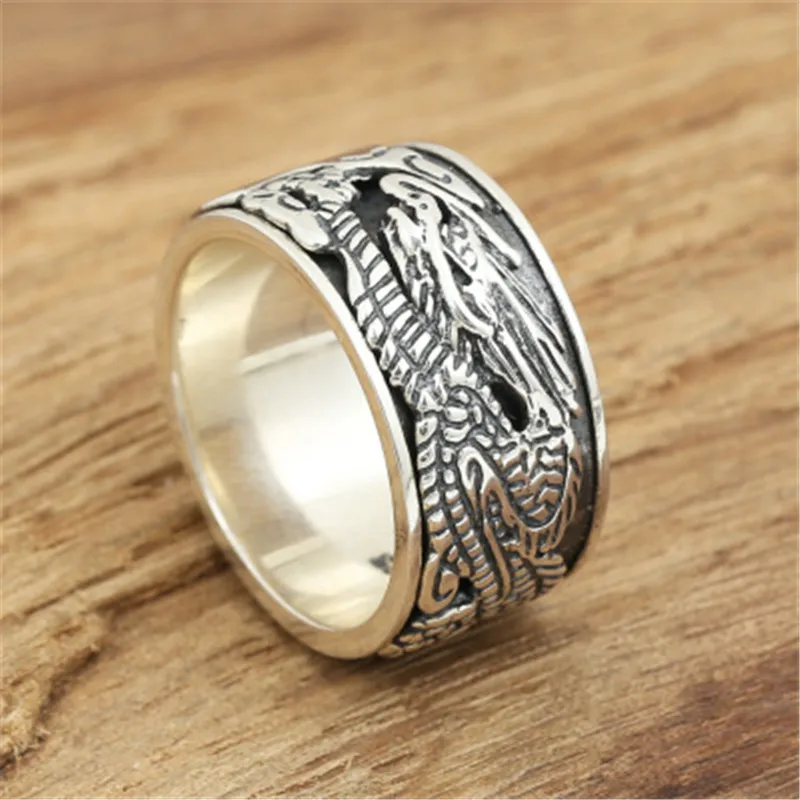 

BESTLYBUY 100% Real 925 Sterling Silver Silver Men Jewelry Vintage Rotatable Dragon Engagement Ring Gift Fine Jewelry