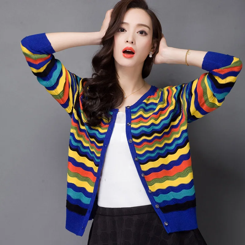 Женский вязаный кардиган свитер в полоску с длинным рукавом на весну и осень