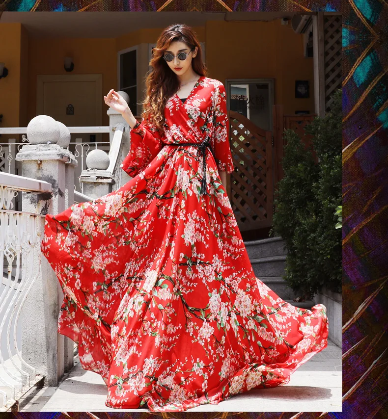 Maxi dress runway fashion women red floor length chiffon long dress floral cherry floral print bohemian dresses party