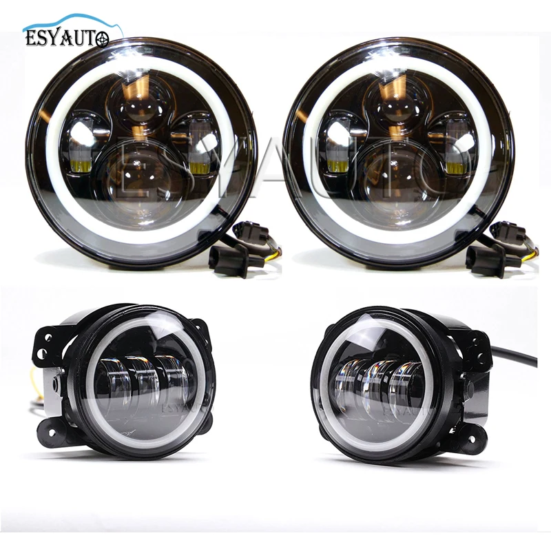 

7 inch Headlights LED Angel eyes Halo Ring +4 in. Projector LED Auxiliary Angel eyes fog Lamp White DRL For TJ