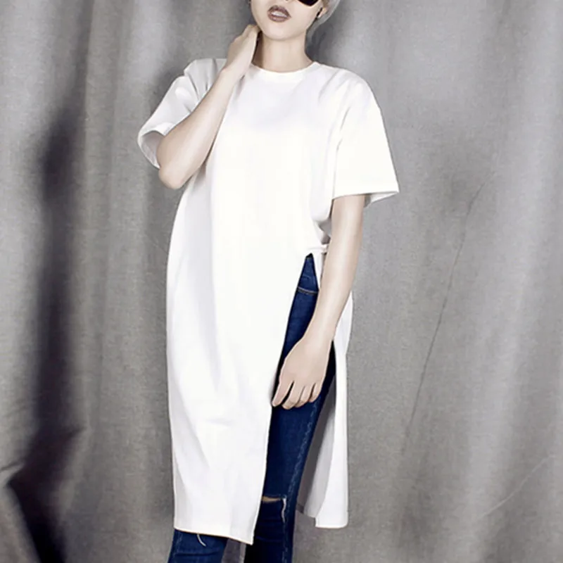 Летние однотонные Длинные свободные футболки с высоким разрезом и круглым