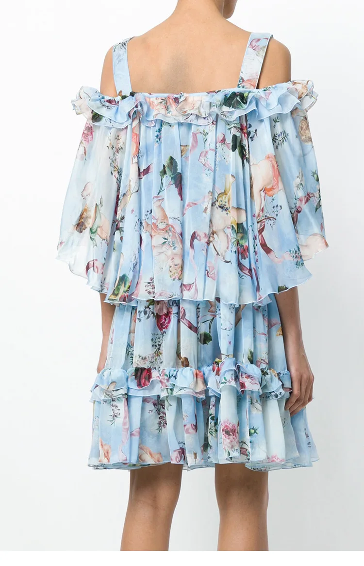 HAMALIEL Runway Cloak Ruffles Party Dress 2018 Summer Designer Blue Chiffon Printing Flowers Spaghetti Strap Cape Backless | Женская