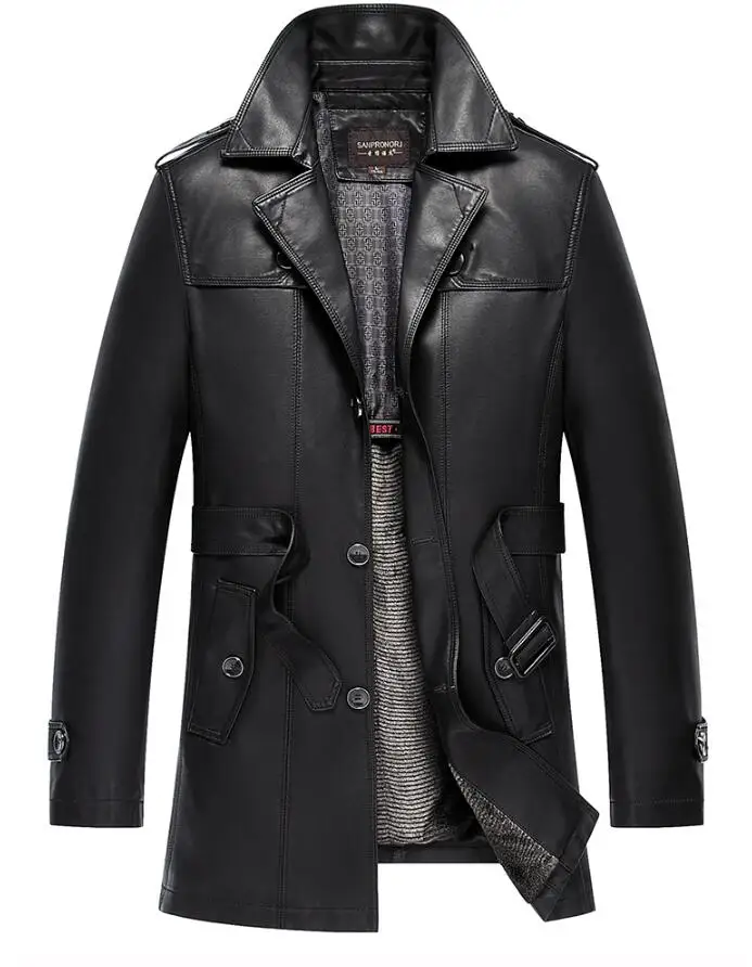 Add velvet lining Новинка, мужская деловая Повседневная бархатная верхняя одежда, мужская длинная куртка из овчины, Тренч с лацканами, зимняя мужская куртка из натуральной кожи - Цвет: Add velvet lining