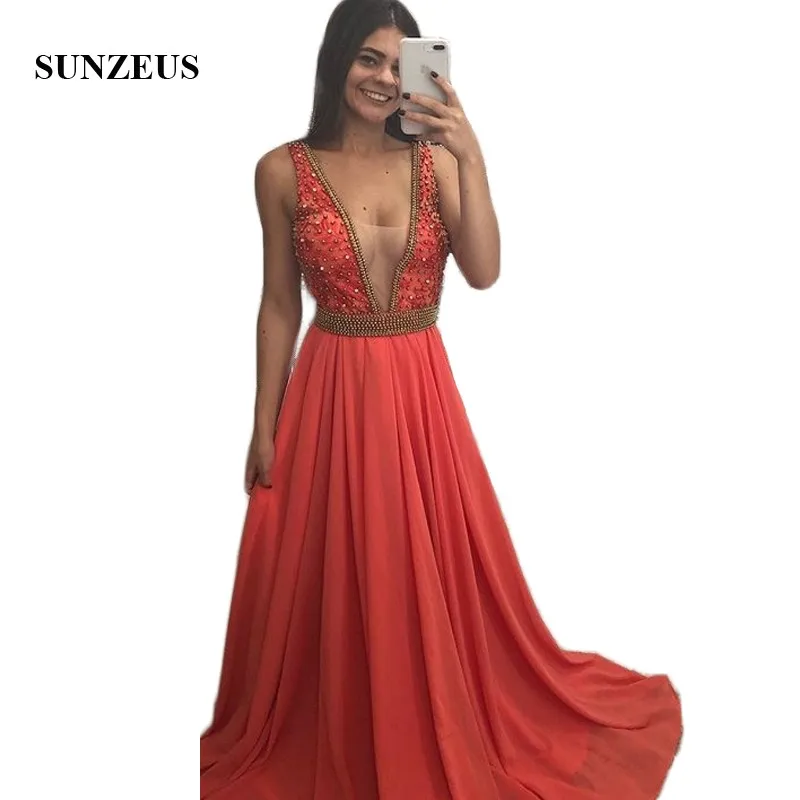 

Watermelon Chiffon Formal Dresses A-Line Pealrs Beaded Charming Prom Dresses Tank See Though V Front Graduation Gowns SP23