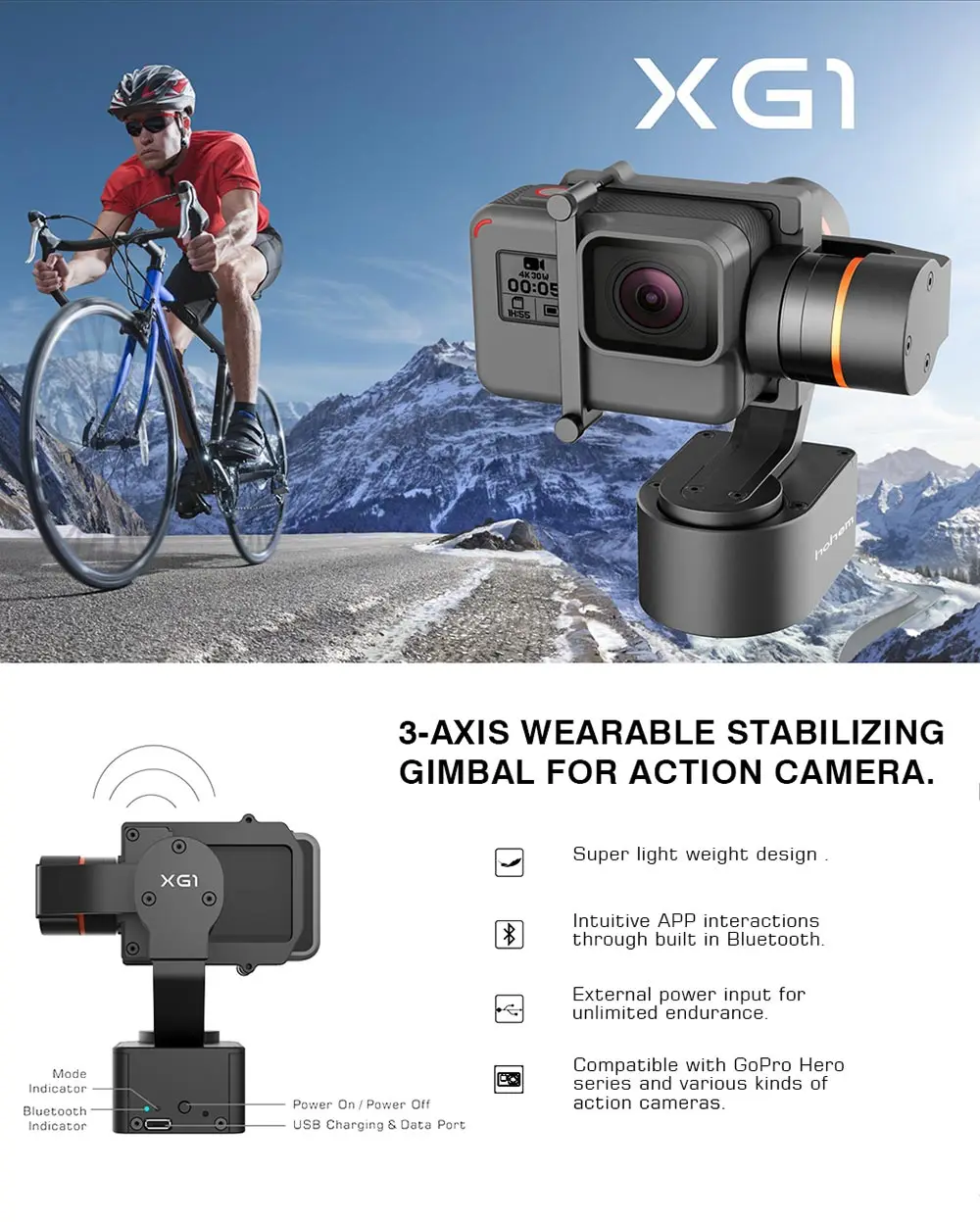 Hohem XG1 3-осевому гидростабилизатору для GoPro Hero 7/6/5/4/3 переносной стабилизатор руль велосипеда/шлем/Автомобильный монтажный однажды действий Камера