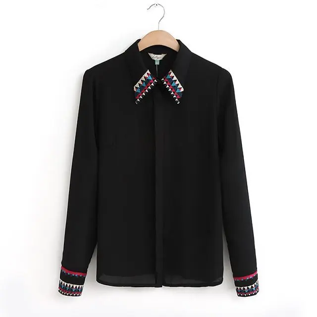 The 2014 women's spring / summer new collar edge embroidery color cardigan Ou fan all-match long sleeved chiffon blouse |
