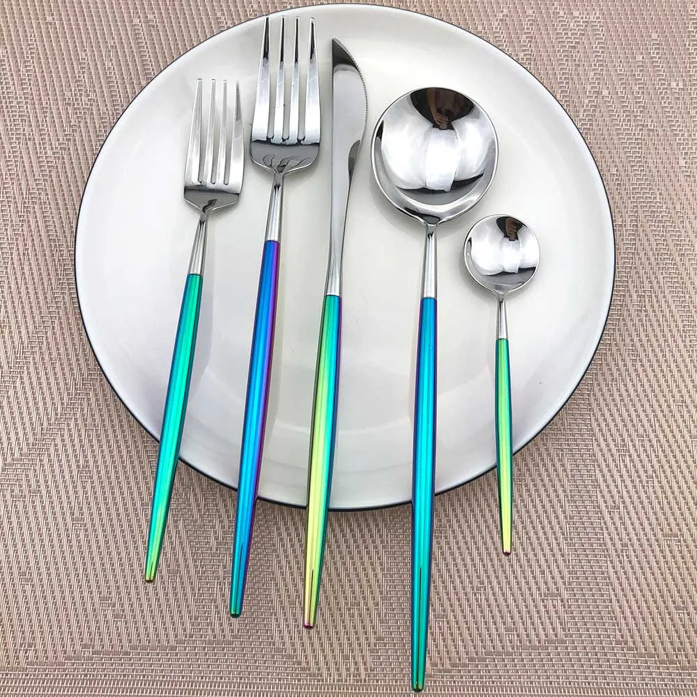 Dazzle Colorful 18/10 Stainless Steel Dinnerware Luxury Korea Food Knife Scoop Fork Set Silver Rainbow Tableware Cutlery set | Дом и сад