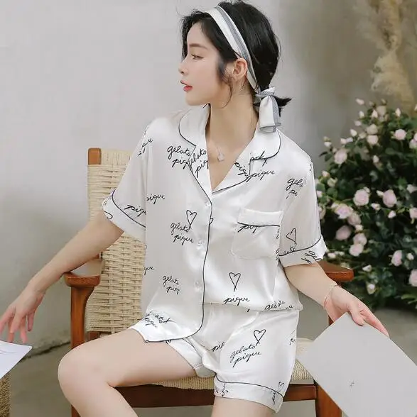 

Korean new women pajamas set short sleeve summer sleepwear pijama student's home clothes letter print silk nightwear pyjama