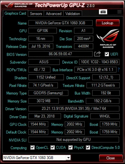 ASUS Видеокарта GTX 1060 3 ГБ 192Bit GDDR5 оригинальные видеокарты для nVIDIA VGA карты Geforce GTX1060 б/у 1050 TI 750 960 950