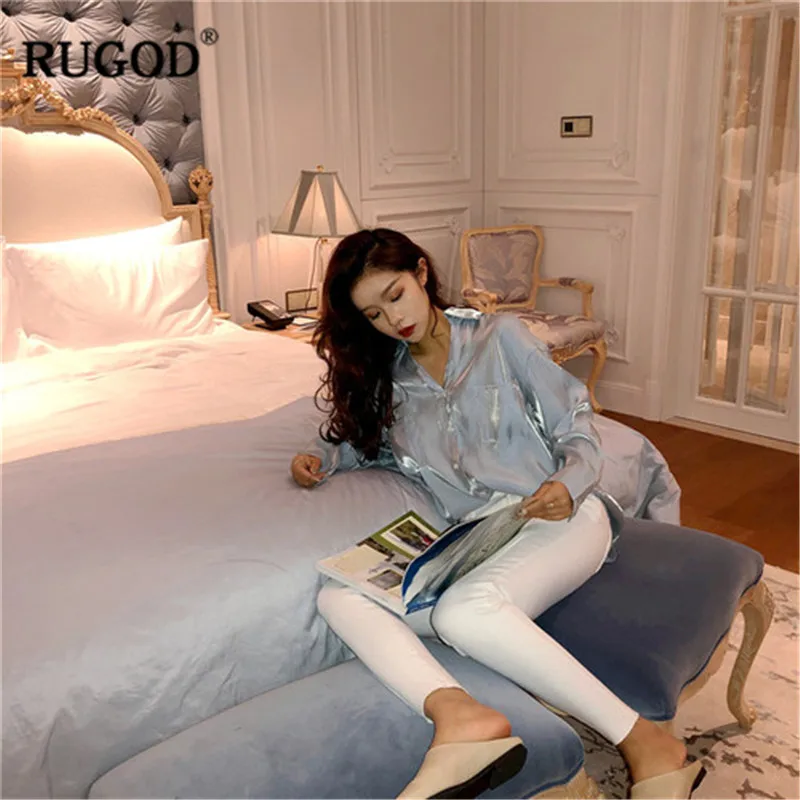 Рубашка RUGOD женская летняя шифоновая с длинным рукавом и треугольным вырезом |