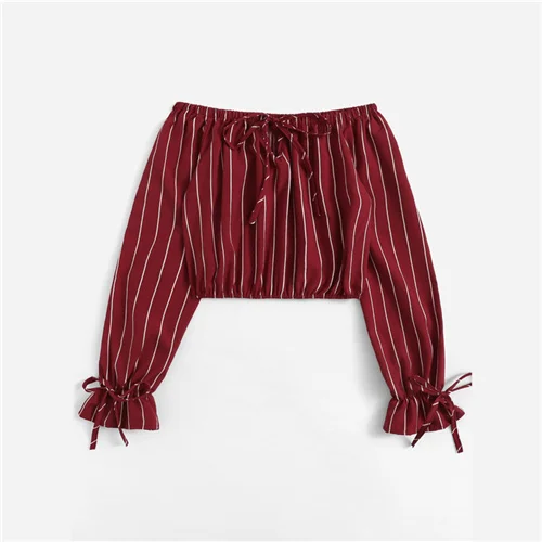 Burgundy Dotfashion/Бордовые женские топы и блузки в полоску с открытыми плечами и завязками на манжетах для женщин; коллекция года; сезон осень; Укороченная рубашка с длинным рукавом - Цвет: Burgundy