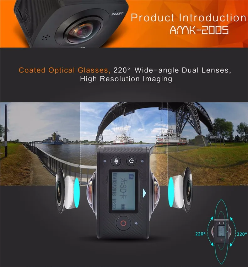 Новое поступление AMKOV AMK200S двойной объектив 360*360 градусов панорамная камера HD WiFi Спортивная экшн-камера Поддержка VR Youtube