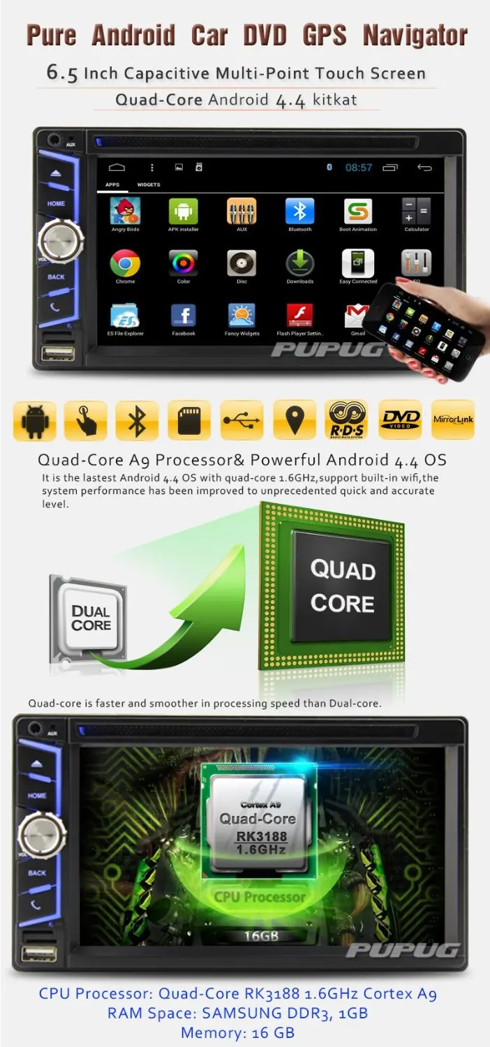 6.5 дюймов Android 4.4 четырехъядерных процессоров радио GPS навигация dvd-плеер Bluetooth
