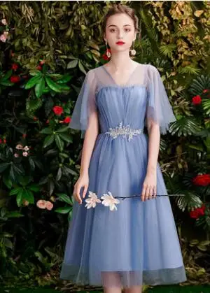 B V-Neck tea-length Новые нарядные платья пыльно-голубой Чай Длина летне-осенняя Выпускные платья для выпускного вечера вечерние платье подарок для подруги халат demoiselleur - Цвет: B V-Neck tea-length