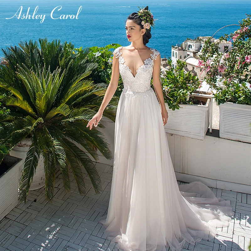 Ashley Carol винтажное ТРАПЕЦИЕВИДНОЕ свадебное платье сексуальное глубокое v-образный вырез с открытыми плечами со шлейфом Элегантное свадебное платье Robe de Soiree