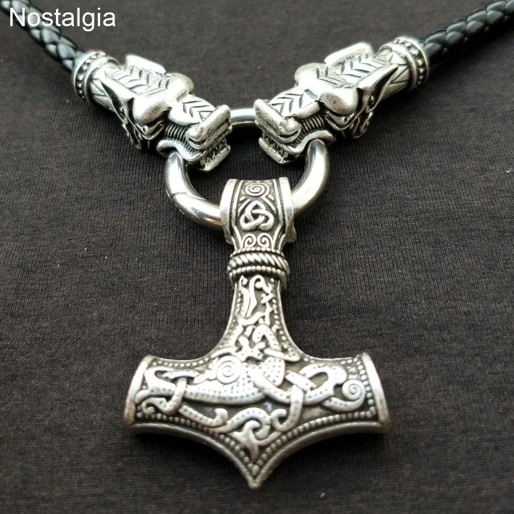 Ностальгия Thor Hammer норвежский викинг Дракон ожерелье Длинный кожаный Mjolnir амулет