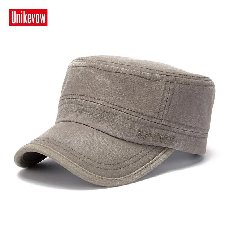 

UNIKEVOW Solid simple washed military cap Sport embroidery flat top Hat for men Vintage Army Hat Cadet Military Patrol Cap