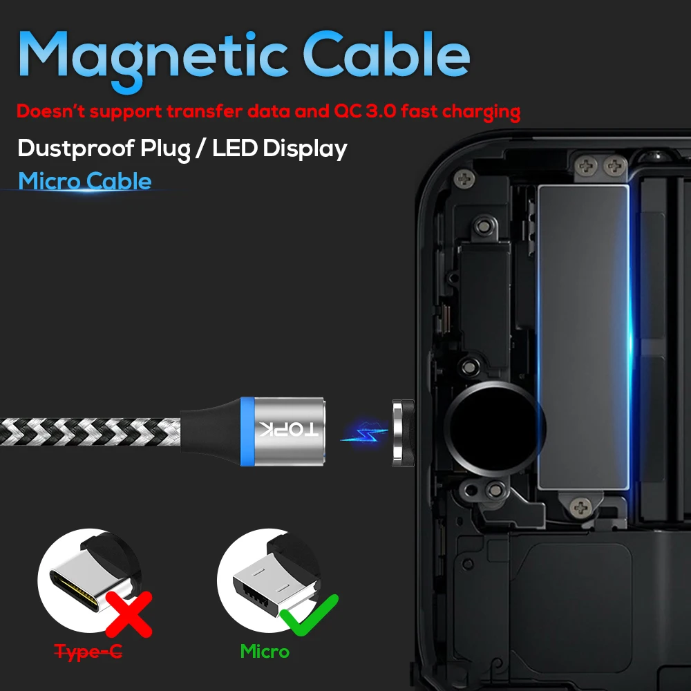 TOPK RLine-R светодиодный магнитный Micro USB кабель для Xiaomi Redmi Note 5 samsung Galaxy S7 кабели для мобильных телефонов магнитное зарядное устройство Microusb
