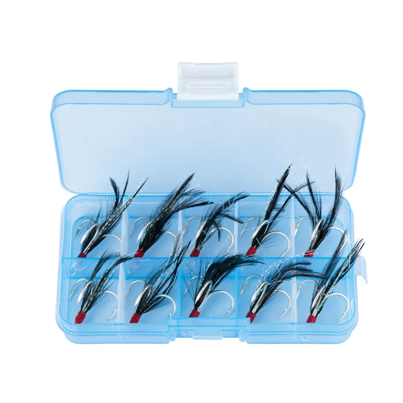 

High Carbon Steel Treble Hooks Feather Barbed Fishhooks Tackles Accessories Fishing Tool Kit 10Pcs/Pack