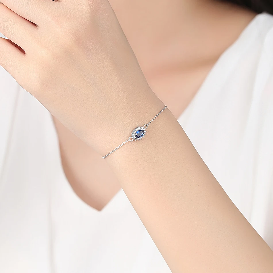 ELESHE Princess Diana William Kate Sapphire Blue Gemstone Bracelet Wedding Engagement 925 Sterling Silver Bracelet for Women