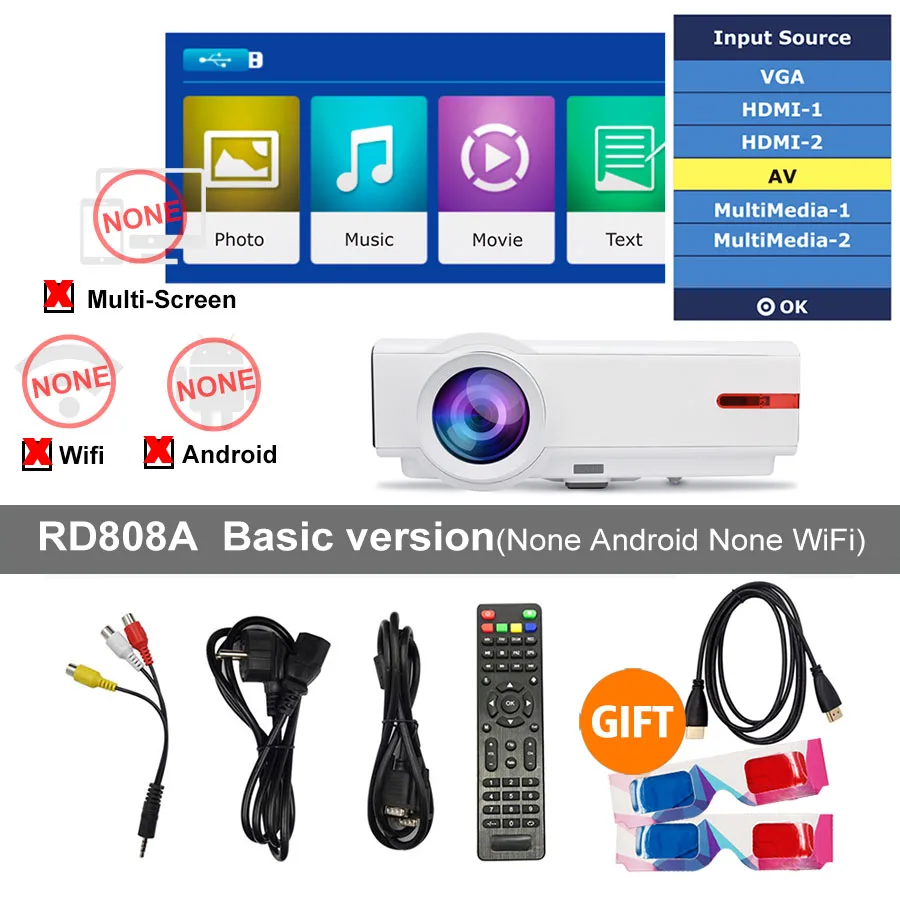 Basic Version Rigal проектор RD808A 5500 люмен HD проектор светодиодный wifi 6,0 Android 3D проектор RD808 1280*800 lcd HDMI VGA USB tv видео проектор - Цвет: Basic Version