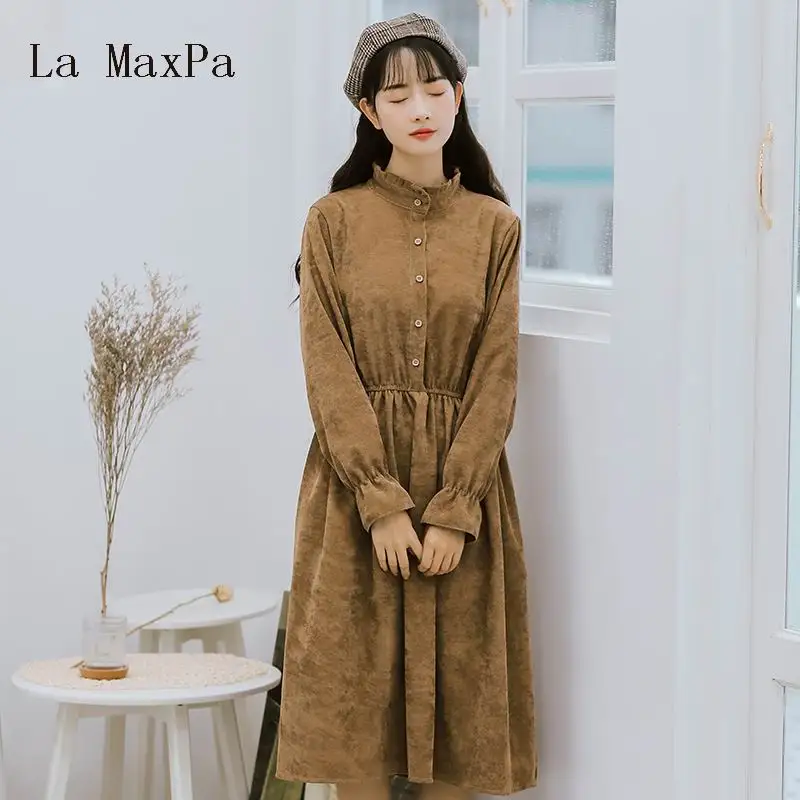 Japan Style Mori Girl Dress 2018 New Autumn Winter Women Ruffled Collar Long Sleeve Corduroy Dresses Khaki Pink Vintage Vestidos | Женская