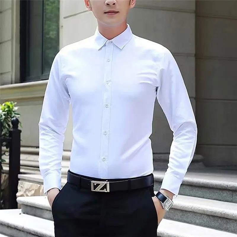 New Men's Fashion Solid Business Wedding Bridegroom Formal Slim Fit Shirts Male Groomsman Cotton Long Sleeves Basic Shirt | Мужская