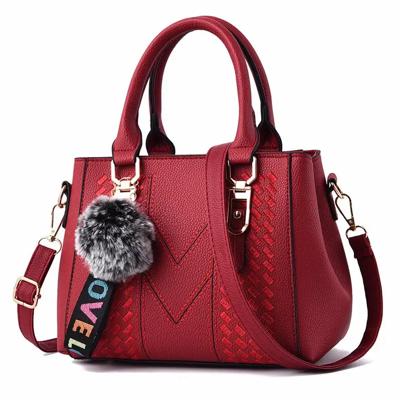 winered Вышивка Курьерские сумки Для женщин кожа Сумки сумки для Для женщин сумка через плечо женская сумка большая BOLSOS с меховыми помпонами для ручная сумка - Цвет: winered