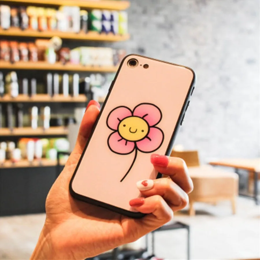 Cute Lovers Couples Tempered Glass Case for iPhone X XS Max XR 7 8 Plus Painted Flower Grass Pattern Soft TPU Cover Back |