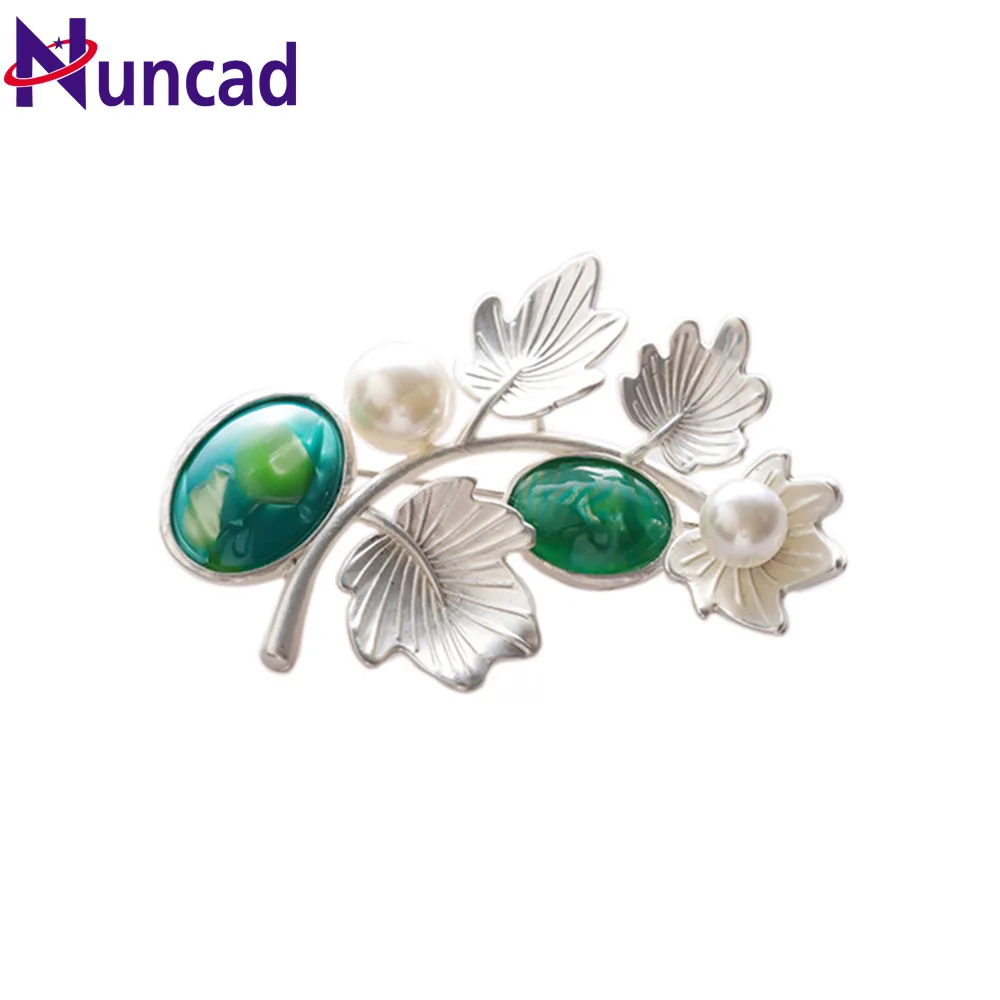 Серебряная брошь в форме листа с зеленым кристаллом роскошная шляпа отворотом