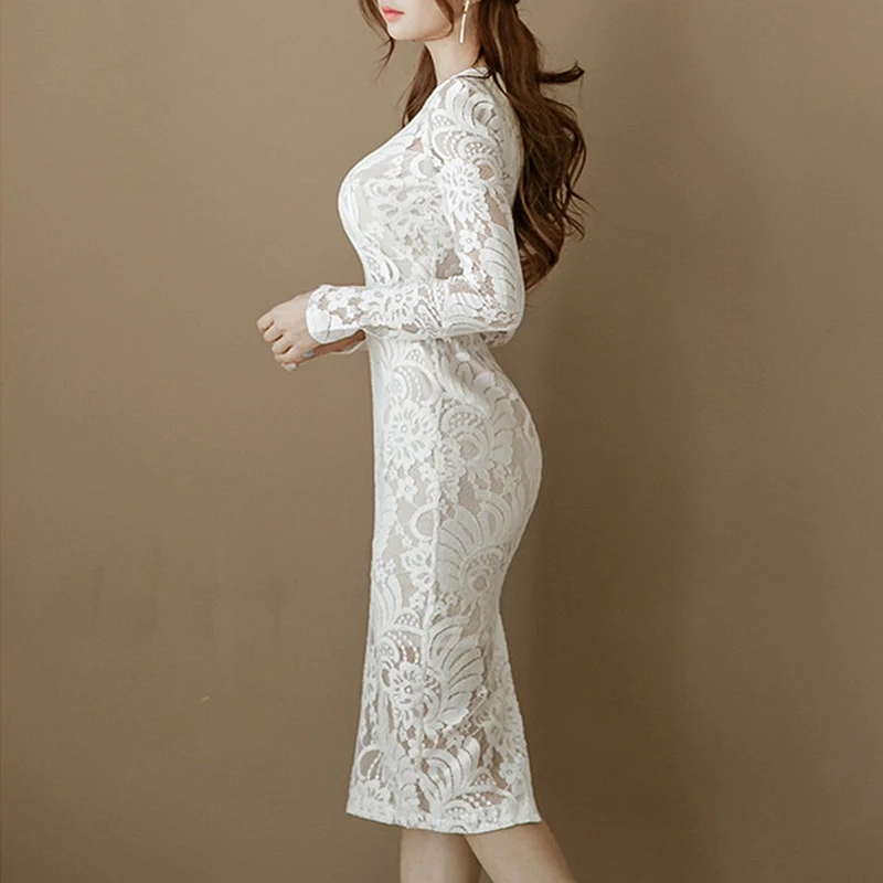 xiM&ampM@ch Spring New Brief style White Dress O-Neck Long-Sleeve Pencil line See-through Lace with Lining DR01030F | Женская одежда