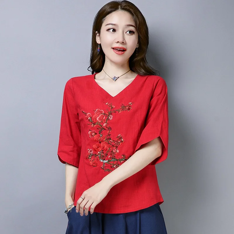 Женские китайские топы летняя футболка женская новая хлопковая льняная вышивка