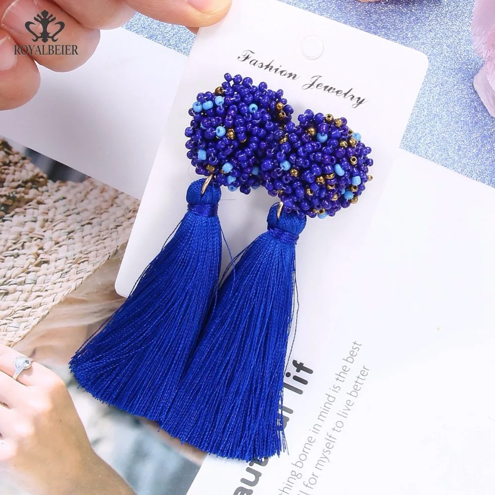 ROYALBEIER Boho Handmade Colorful Tassel Earring for Women Resin Beads Statement Drop Dangle Earrings Female Party Gifts Jewelry | Украшения