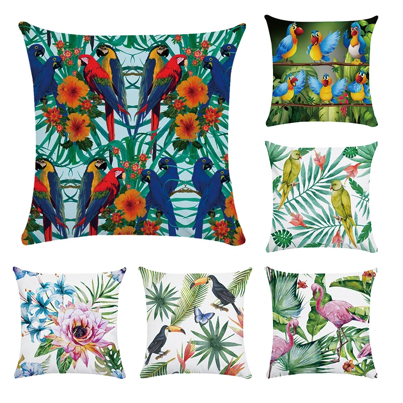 Vegetation Cushion Cover Tropic Tree Green Throw Pillow Cover Flamingo Bird Parrot Decorative Pillows Flower Cushion Cover Sofa