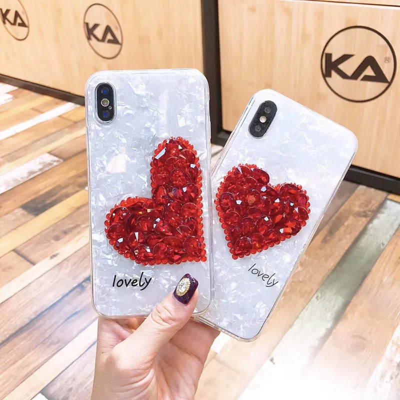 Роскошные раковины Мягкий силиконовый чехол для iPhone X 10 алмаза сердца Rhinestone