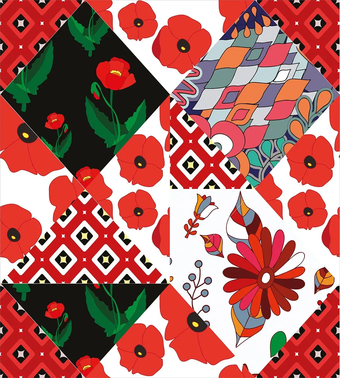 

Retro Duvet Cover Set Patchwork Inspired Pattern with Poppy Flowers Russian Slavic Cultural Design Revival Bedding Set