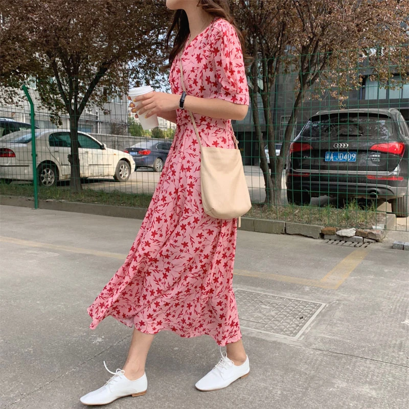 Женское летнее пляжное розовое длинное платье с цветочным рисунком размера плюс