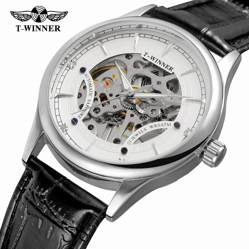 

WINNER luxury brand Watch mens Mechanical leather strap male top watches men clock Waterproof men Wristwatch relogio masculino