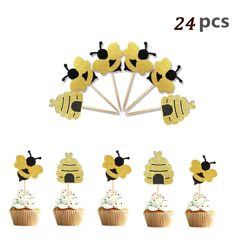

24Pcs Bumble Bee Cupcake Toppers Glitter Honeycomb Cake Topper Picks Baby Shower Gender Reveal Party Food Decoration Supplies