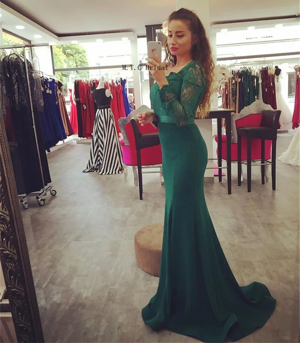 

Elegant Long Sleeve Green Mermaid Evening Dress Floor Length Lace Satin Long Formal Prom Gown 2019 Custom Made Women Party Dress