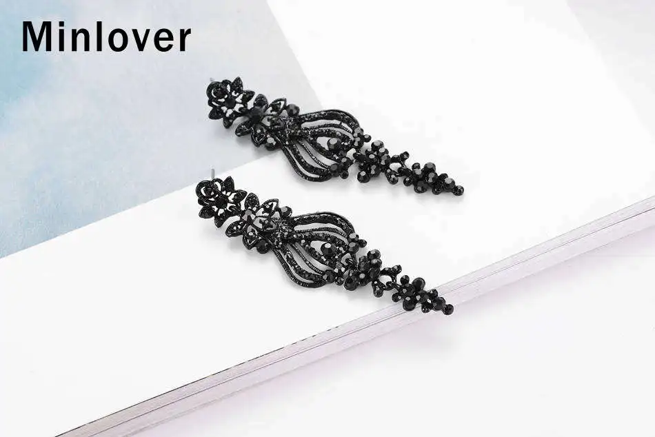 Minlover серьги черные классические люстры Форма черный серьги в виде капель для Для женщин Винтаж горный хрусталь серьги-капельки с имитацией листьев украшения для выпускного MEH997