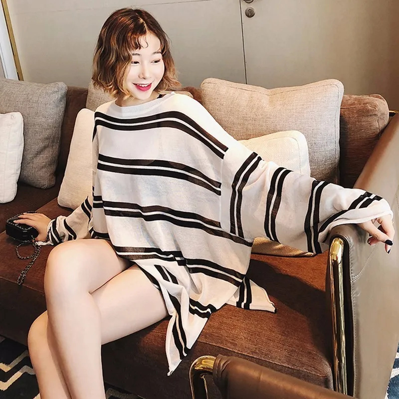 TWOTWINSTYLE Thin Knitting Sweater Female Batwing Sleeve Hollow Out Oversize Split Long Pullover Spring Fashion Casual Clothing | Женская