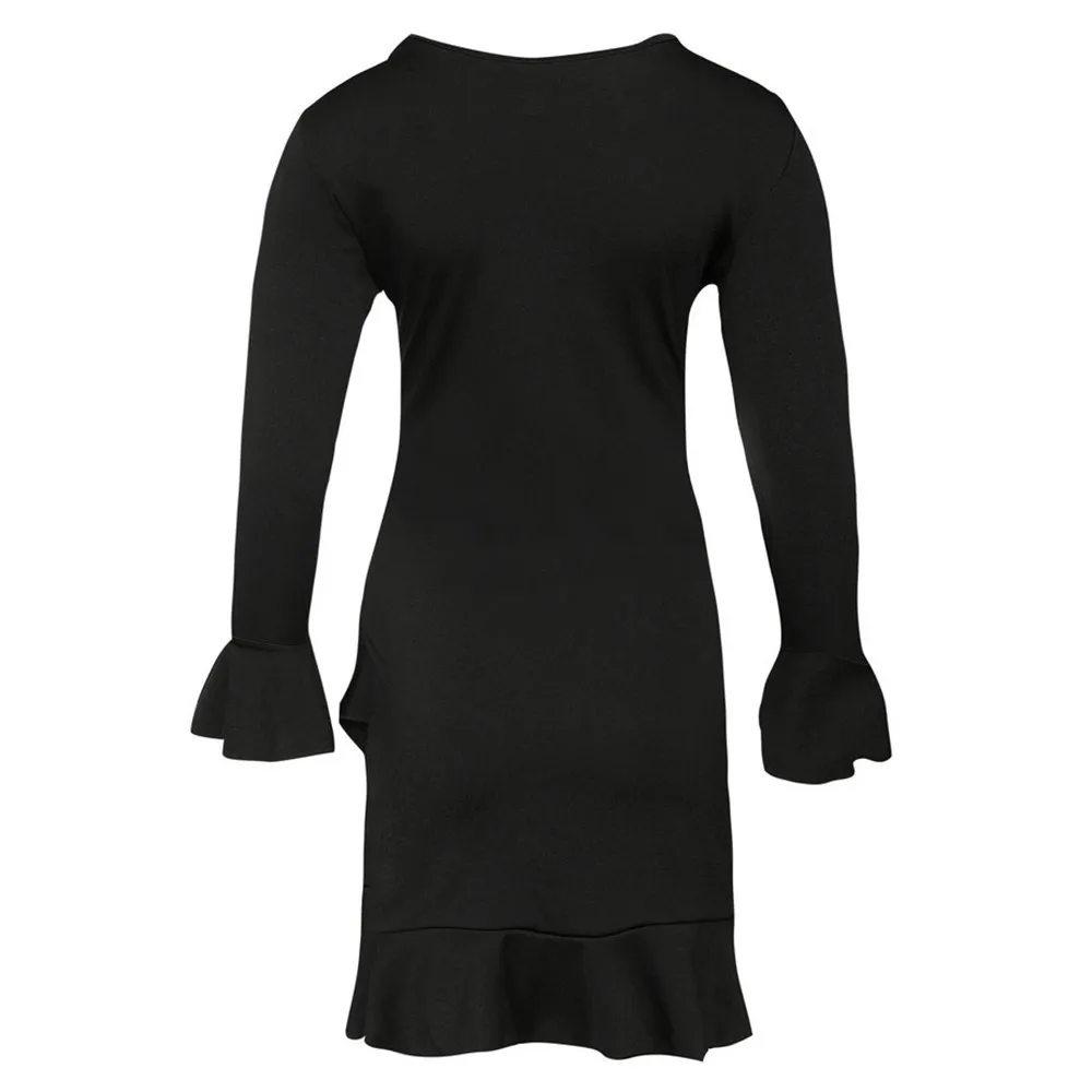 

2019 top fashion Sexy Solid Color Skinny Ruffley Mini Dress Women Fall Winter Keep Warm Long Sleeve Slim Dress Vestidos