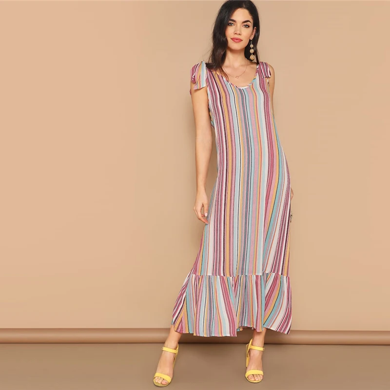 SHEIN Летнее Разноцветное Макси Платье С Круглым Вырезом Без Рукавов Длинное Платье В Полоску