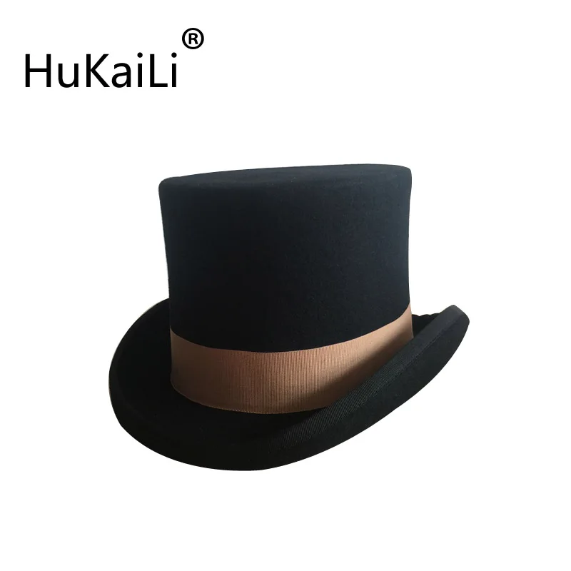 Black 7inch and 4.5inch Top Hat with brown grosgrain Wool Fedoras Gentleman Steampunk Groom Wedding High flet Hat  Pot Topper