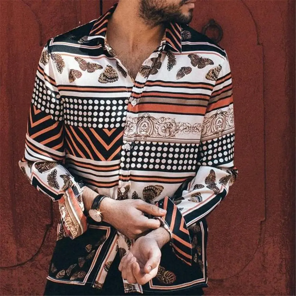 Men's Casual Shirt Slim Fit Printed Long Sleeve Turn-Down Shirts Men Male Clothing Camisa 7/10 | Мужская одежда