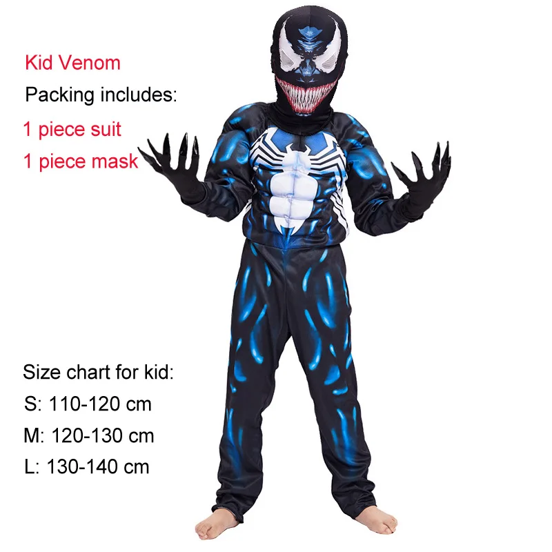 Kid venom Костюм Пурим на Хэллоуин, костюм Человека-паука, Бэтмена, СУПЕРМЕНА для мальчиков, Детский карнавальный костюм супергероя, Мстители, одежда для костюмированной вечеринки - Цвет: Kid venom